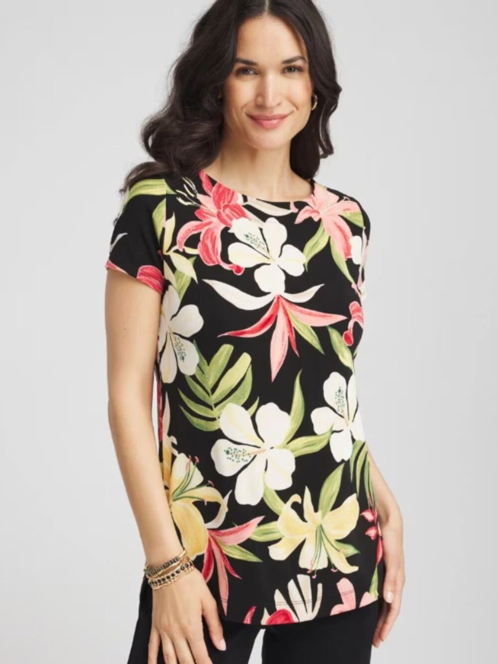 Chico's Travelers Tropic Lilies Short Sleeve Tunic 3 (XL)
